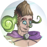 Headshot of a cheerful boy with a green snail house poking from one ear to the other